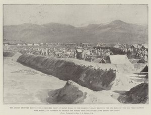 El Levantamiento en la Frontera India, el Campamento Atrincherado en Mayat Killa, en el Valle de Mamund, mostrando el Parque de Artillería de la 10ª Batería de Campo con Tierra y Sacos de Arena para proteger a los Caballos del Fuego del Enemigo de William Barnes Wollen